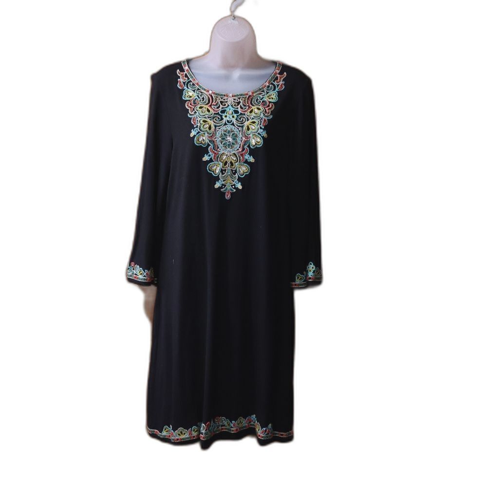 INC International Concepts Black Beaded Embroidered Embellished Boho Casual Dres